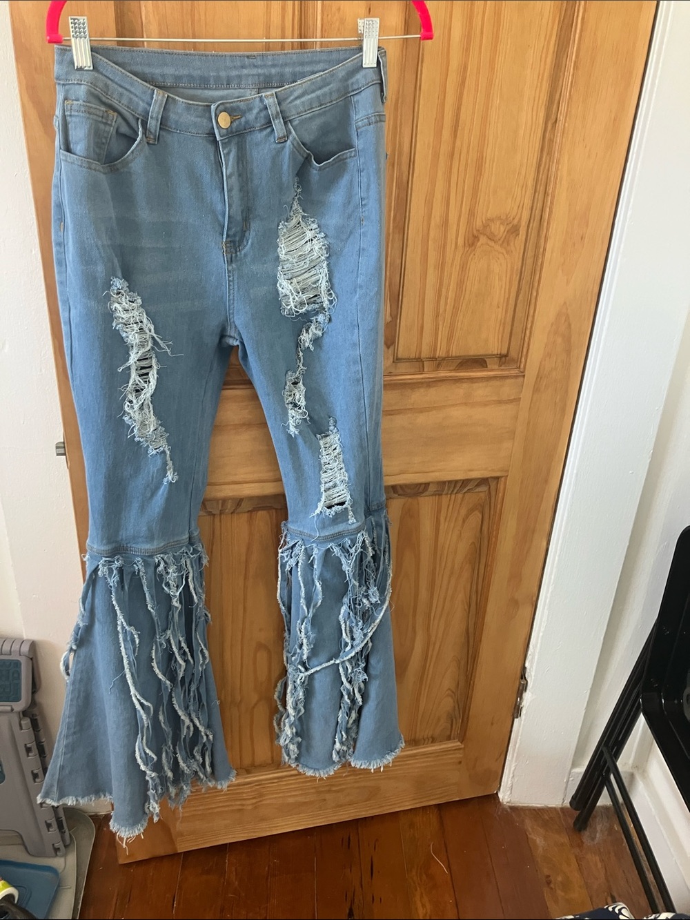 Source Unknown Light Blue Distressed Flared Jeans with Fringed Bell Bottoms